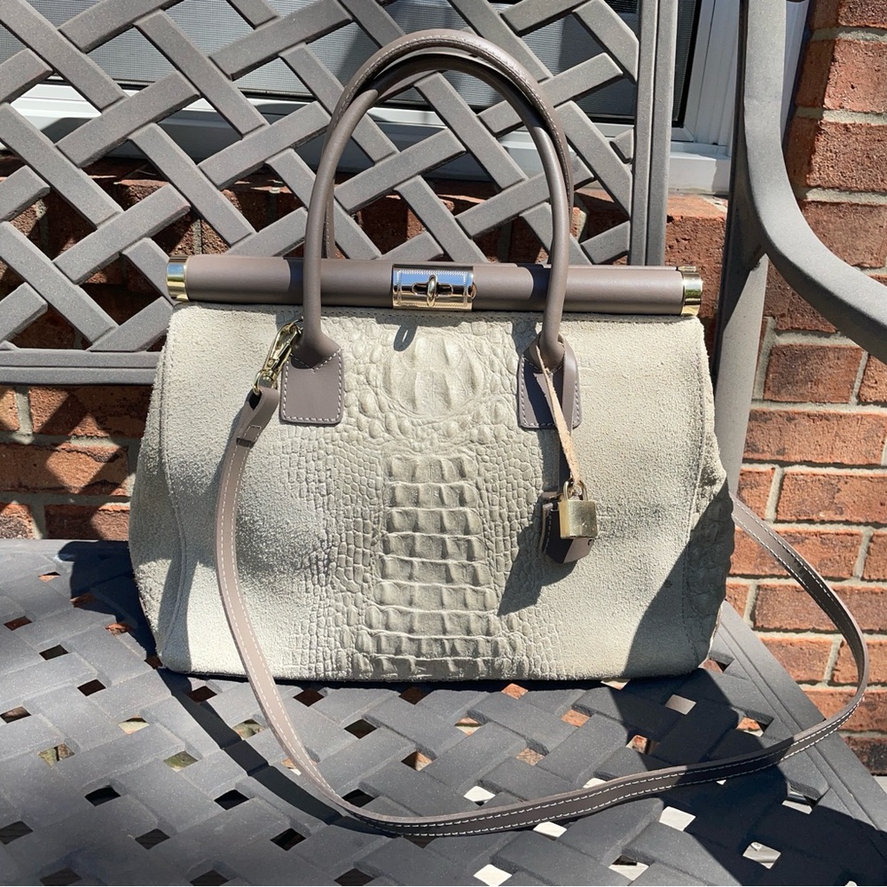 Vintage  Elegant Kelly Crocodile-Embossed Handbag - Taupe and tan - Picture 3 of 16